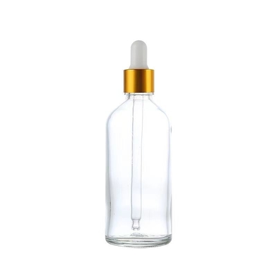Venta caliente Botella de aceite esencial de vidrio vacío y gotero con falda de oro / plata de aluminio