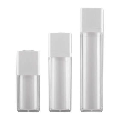 Botella de bomba sin aire de 15 ml 30 ml 50 ml de forma cuadrada con bomba de bloqueo rotativo para productos para el cuidado de la piel